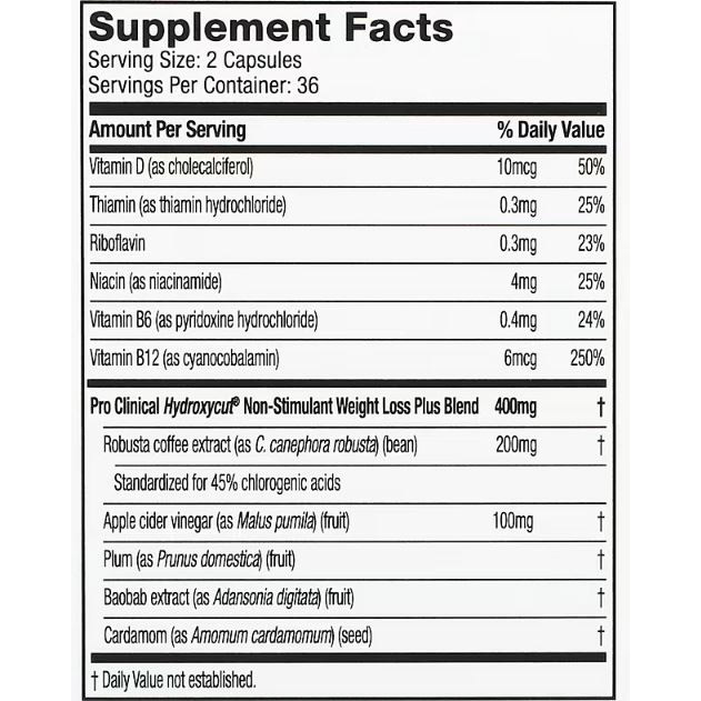 Pro Clinical Hydroxycut NonStimulant36Serv.72RapidRelease Capsules Maxmuscle Elite